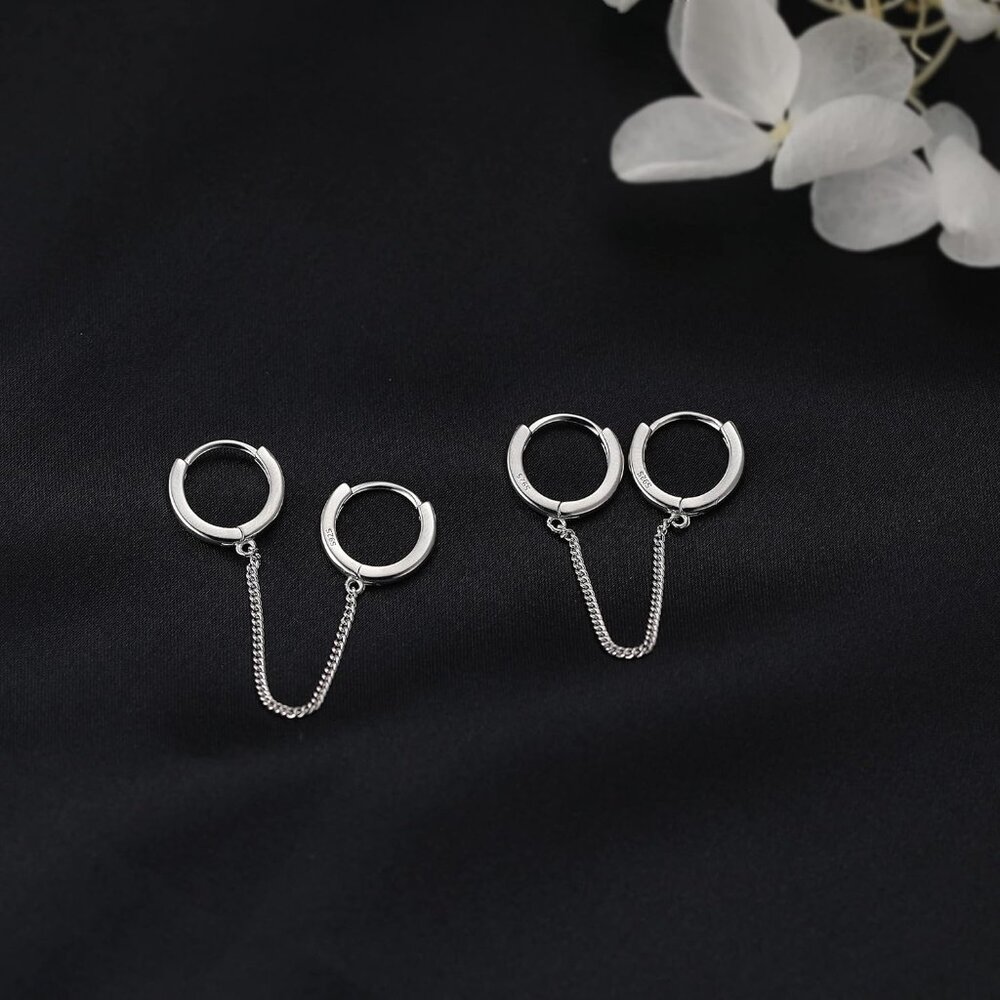 Solid 925 Sterling Silver Double Hoop Earrings Ch… - image 5